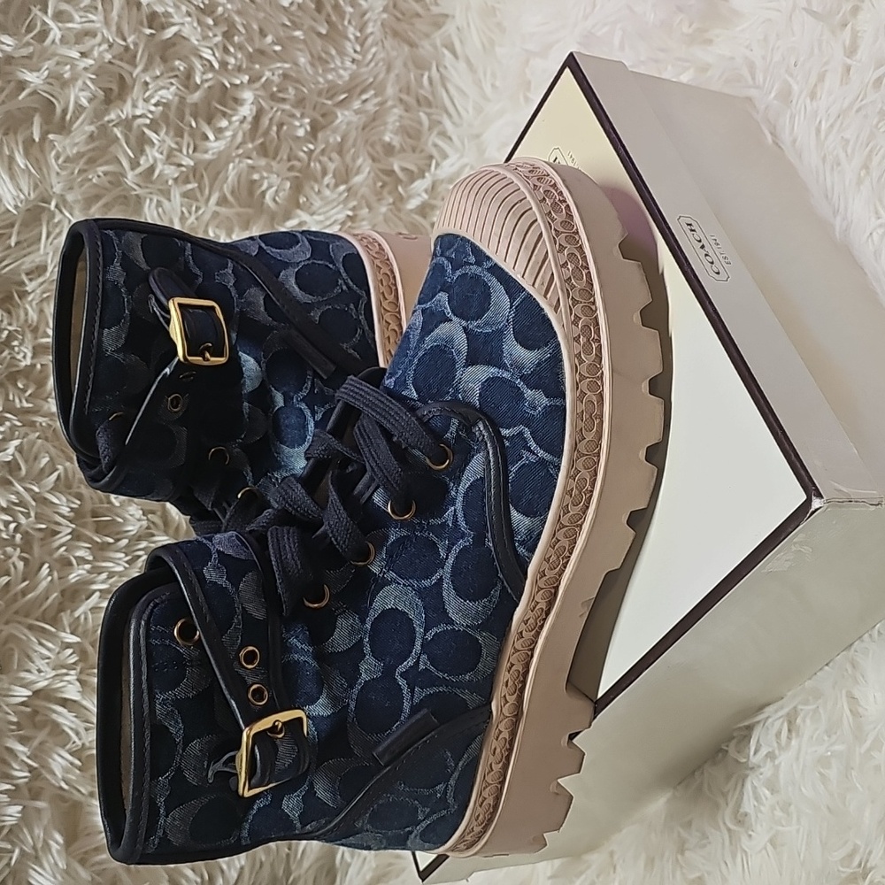 COACH CA312 Signature Denim Blue Trooper Mid Top Boot Lace-up Buckle Size US 8B